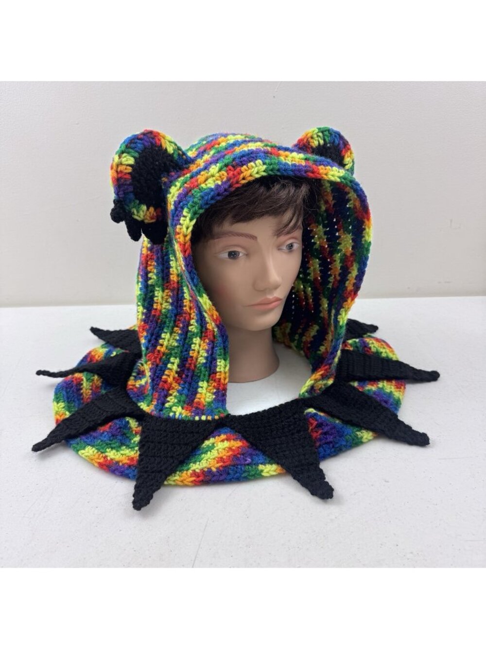 Handmade Crochet Red Blue Green & Black Dancing Bear Festival Oversized Hood